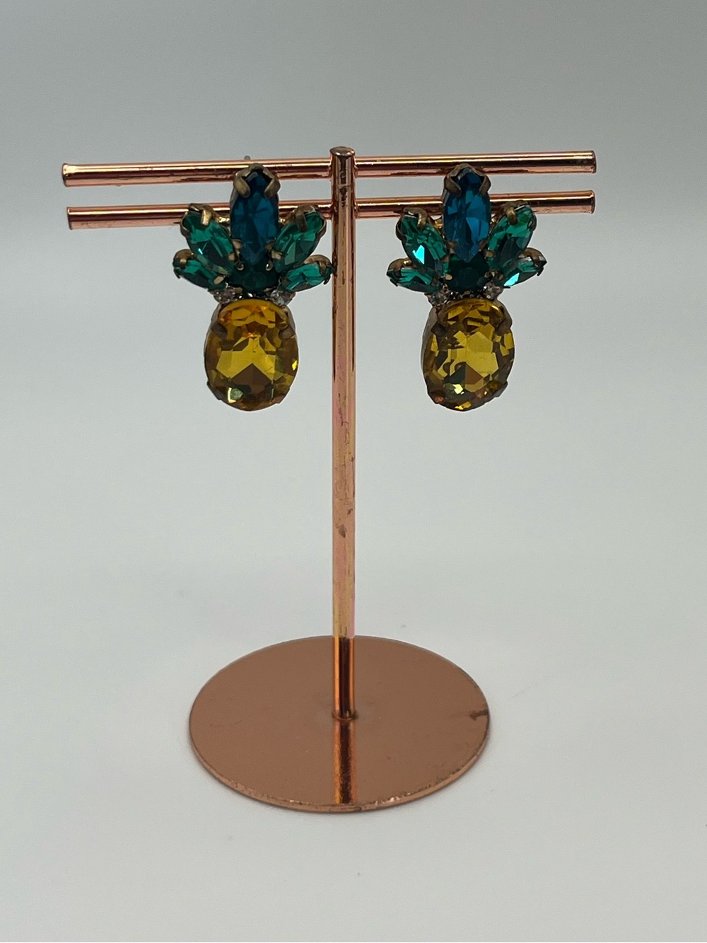 Crystal Pineapple Drop Earrings - Teal and Yellow -